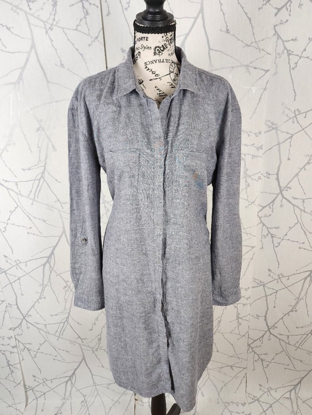 Prana Blue Chambray Hemp Tencel Stretch Button Front Shirt Dress